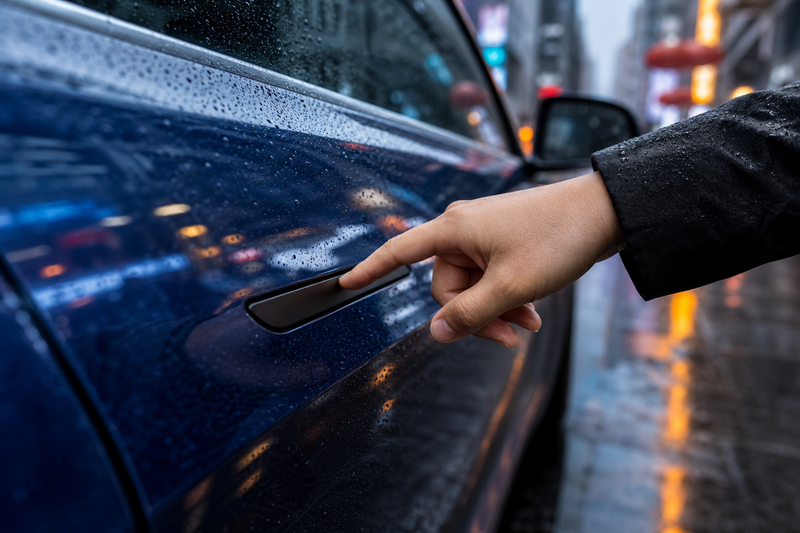 Hand pressing flush Tesla door handle on rainy Chinese street, no text.
