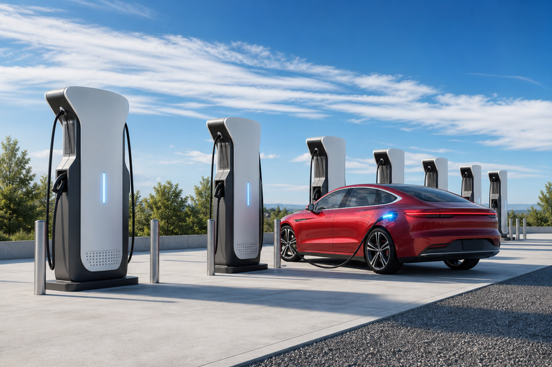 BYD fast-charging stations with an electric vehicle plugged in, no logos.