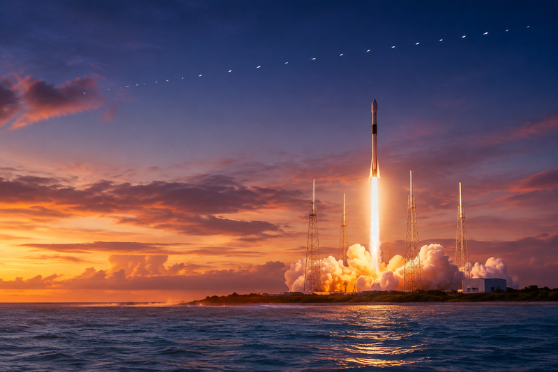 Falcon 9 rocket launching from Florida Space Coast with Starlink satellites above