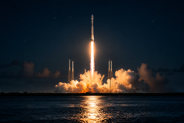 Nighttime Falcon rocket launch carrying Starlink satellites over the ocean