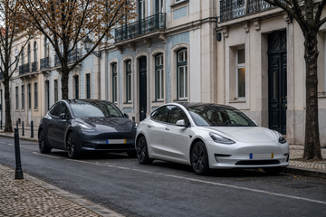 Tesla Model 3 and Model Y parked on a European street with Spanish and Portuguese plates