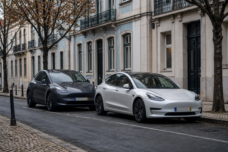 Tesla Model 3 and Model Y parked on a European street with Spanish and Portuguese plates