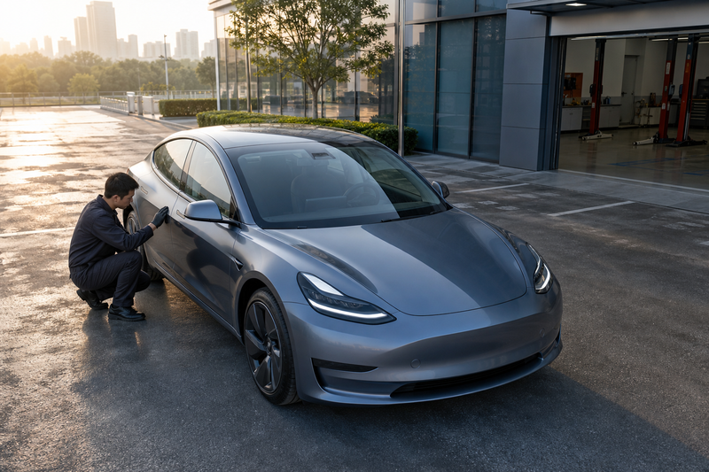 Tesla electric car outside service center in China with technician inspecting flush door handle