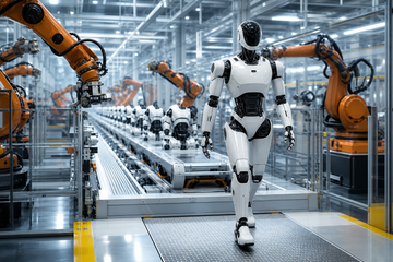 XPeng IRON humanoid robot walking off assembly line unaided in modern factory