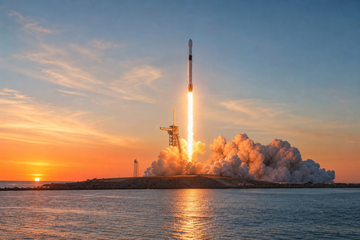 Rocket lifting off at dawn from a coastal launch pad with bright exhaust plume