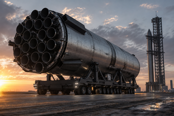 Super Heavy booster on transport stand rolling to Starbase pad ahead of Starship orbital launch attempt