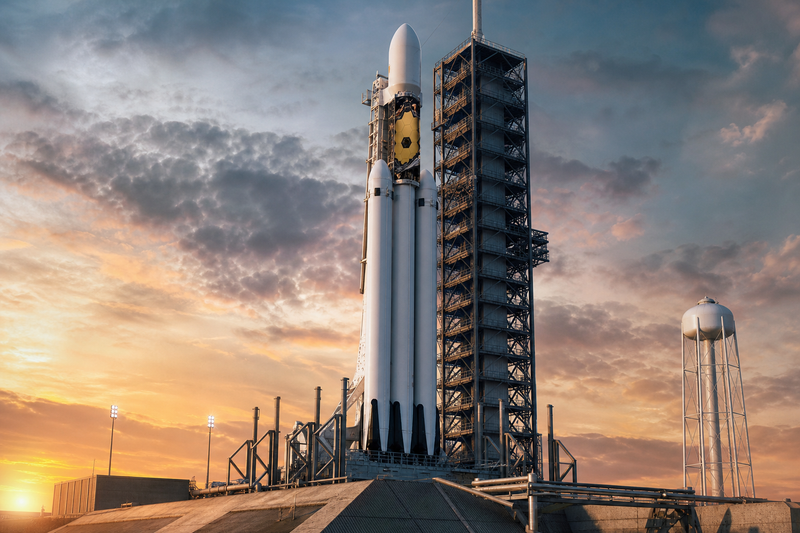 Falcon Heavy rocket with NASA Roman Space Telescope on launch pad at Kennedy Space Center