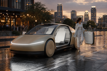 Tesla Cybercab robotaxi with open doors on a rain-slicked Austin street at dusk