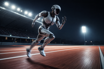 Humanoid robot sprinting on a track under stadium lights