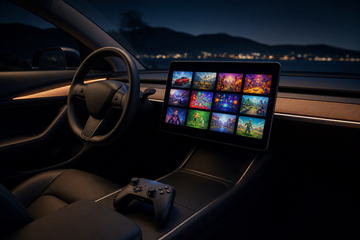 Tesla center touchscreen showing game grid with wireless controller on console