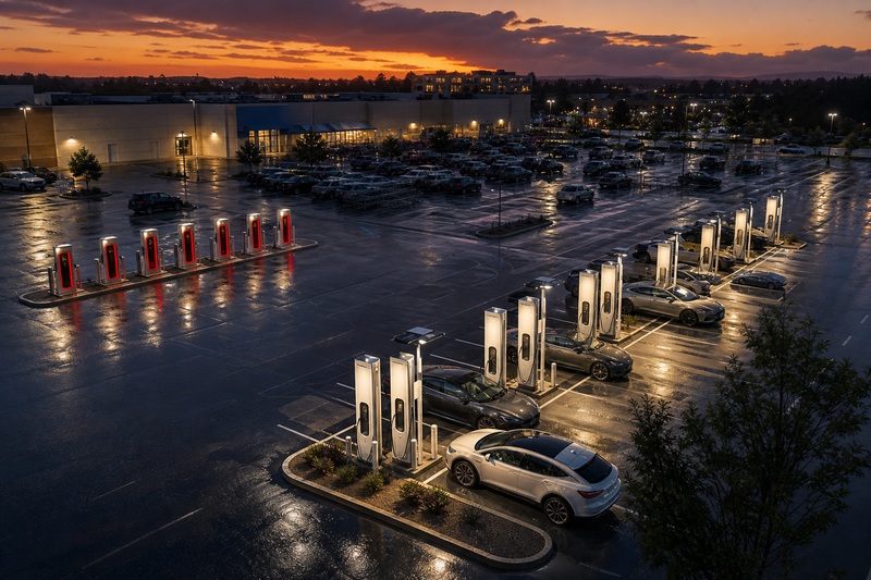 Walmart parking lot with generic EV charging stalls and Tesla Superchargers at dusk