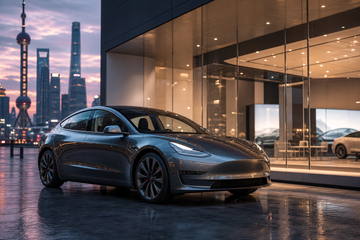 Tesla Model 3 parked outside a Shanghai showroom at dusk with city lights reflecting on its surface