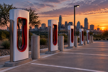 Tesla Supercharger stalls in Austin Texas parking lot with no wireless charging pads