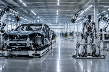 Empty Tesla assembly line transitioning from Model S body to humanoid robot