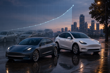 Tesla Model 3 and Model Y parked outside, symbolizing U.S. EV market share recovery as legacy automakers retreat.