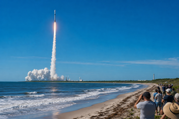 Falcon 9 rocket ascending over Cape Canaveral after launching final O3b mPOWER satellites, seen from a beach