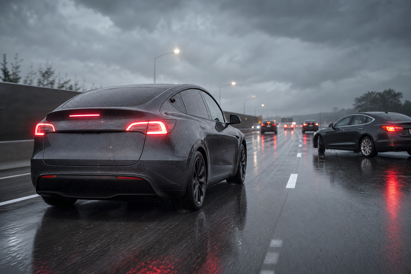 Tesla Model Y performing an evasive maneuver on a rainy highway with FSD engaged