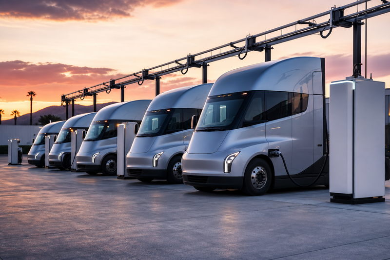 Electric semi truck charging at a California depot with tall white charging cabinets