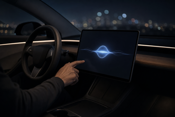 Tesla touchscreen in dark interior with voice assistant interface and driver hand