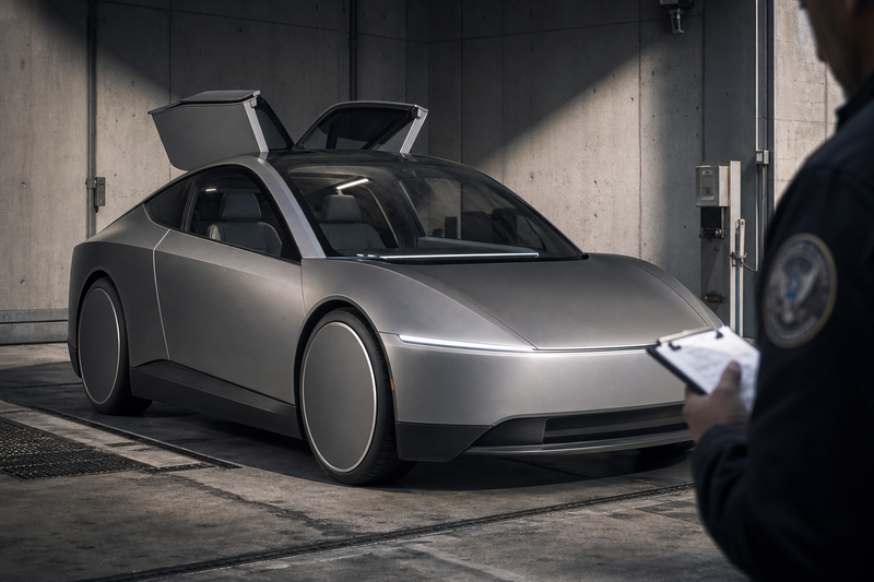Matte silver Tesla Cybercab with empty driverless cabin under federal inspection