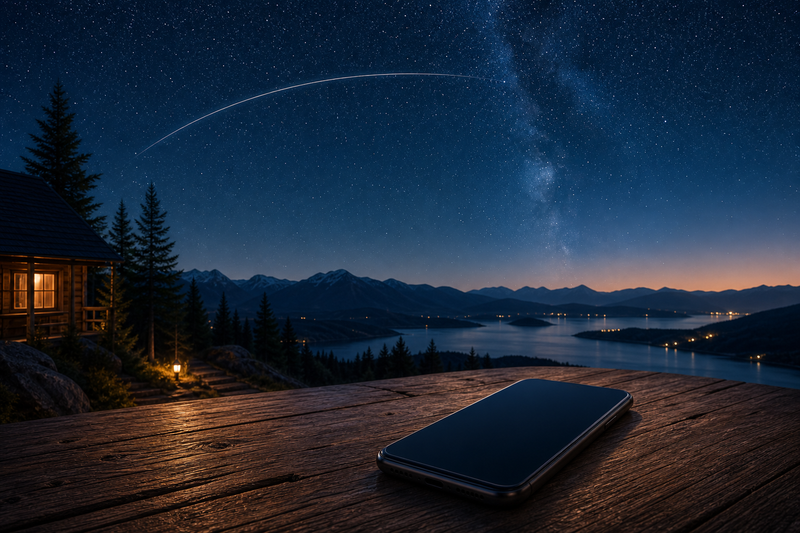 Smartphone on table under starry sky with satellite trail, no text or logos