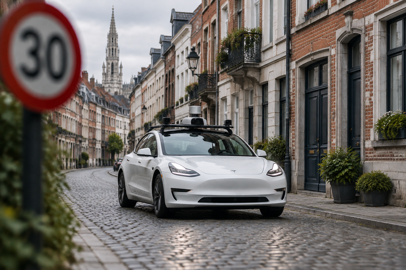 Tesla test vehicle with roof sensors on a Brussels street during FSD speed-limit evaluation