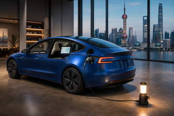 2027 Tesla Model 3 with large infotainment screen and V2L adapter powering a lantern