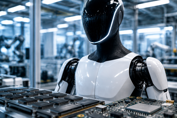 Tesla Optimus humanoid robot with memory chips on circuit board
