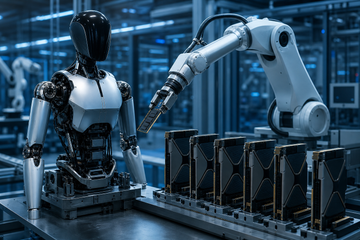 Tesla Optimus humanoid robot motherboard with memory modules being installed on factory line