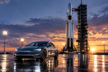 Tesla electric sedan parked near a tall rocket on a launch pad at dusk