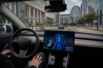 Tesla Model 3 driving past European Parliament as FSD visualization shows on center screen