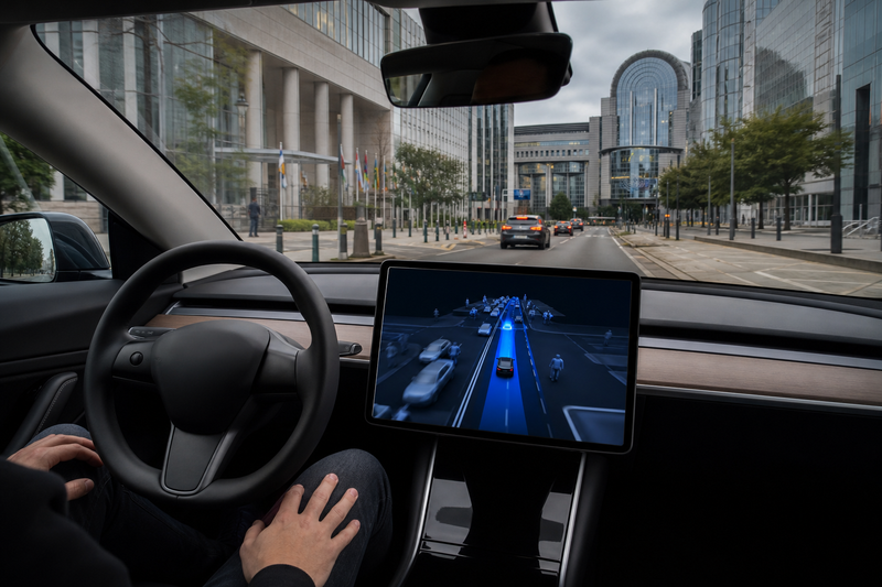Tesla Model 3 driving past European Parliament as FSD visualization shows on center screen