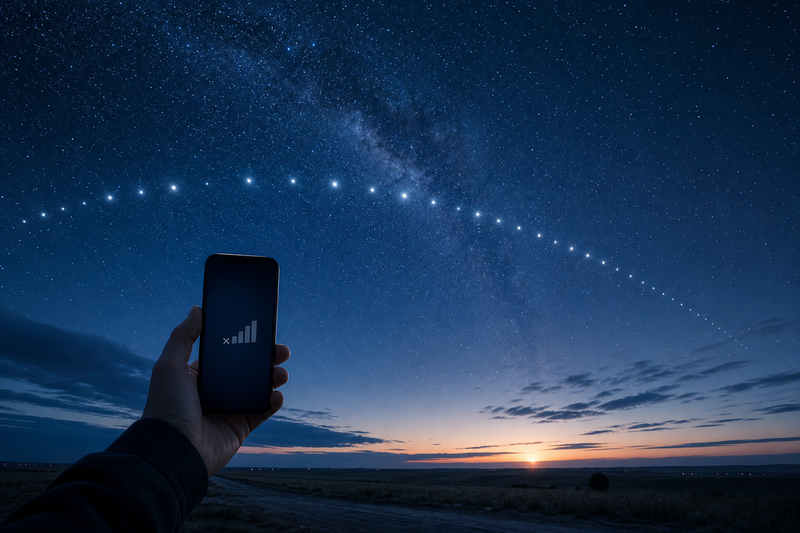 Night sky with satellite constellation above rural field and smartphone pointed upward