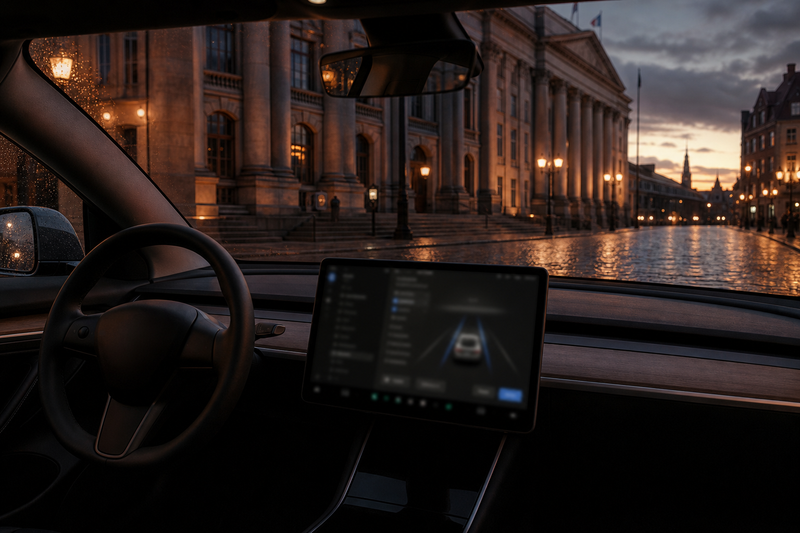 Tesla Model 3 on European cobblestone street with touchscreen driver assistance menu visible