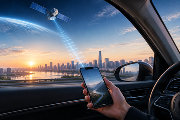 Starlink satellite beaming low-band spectrum signal to a smartphone in a car, city skyline background