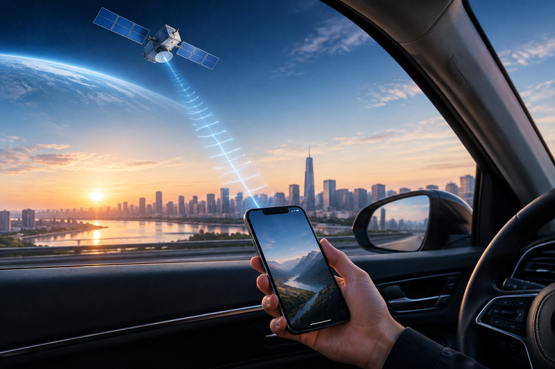 Starlink satellite beaming low-band spectrum signal to a smartphone in a car, city skyline background