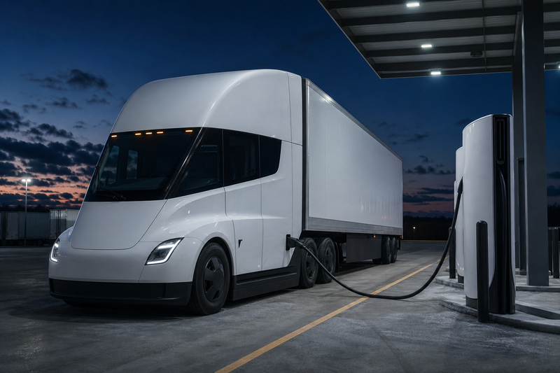 Tesla Semi truck charging at a Megacharger stall outside a Pilot travel center at dusk