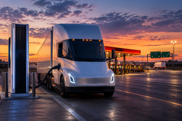 Tesla Semi charging at a Megacharger station at a Pilot travel center at dusk