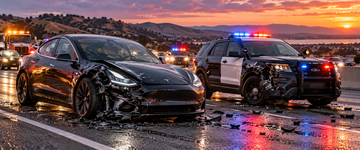 Damaged Tesla and CHP patrol car on I-80 in Fairfield after a collision, emergency lights flashing