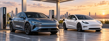 BYD and Tesla electric cars parked at charging station