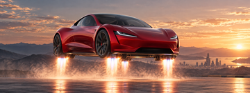 Tesla Roadster prototype hovering above ground with thruster flames visible beneath chassis