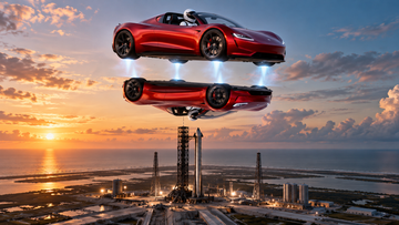 Tesla Roadster hovering above SpaceX launch pad, demonstrating flight and upside-down driving