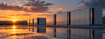 Tesla energy storage units at dusk with reflective puddle