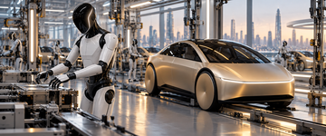 Tesla Optimus robot and Cybercab in futuristic assembly lab with no branding