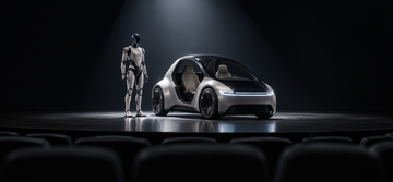 Tesla Optimus humanoid robot and Cybercab on a dark stage under spotlight