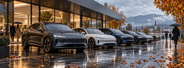 Tesla Model Y and Model 3 electric cars parked outside a European dealership in autumn rain