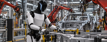Tesla Optimus humanoid robot on a factory assembly line at Fremont, with industrial robotic arms in background.