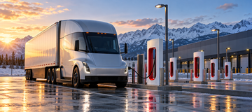 Electric semi truck and Tesla Supercharger stalls at a Canadian commercial depot