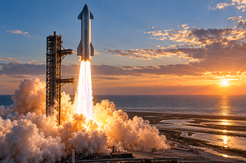 Stainless steel Starship rocket launching from a coastal pad with a large exhaust plume