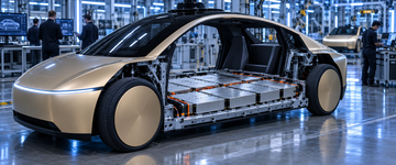 Tesla Cybercab battery pack with LFP cells exposed on factory floor